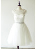 Pearls Neckline Satin Tulle Tea Length Prom Dress